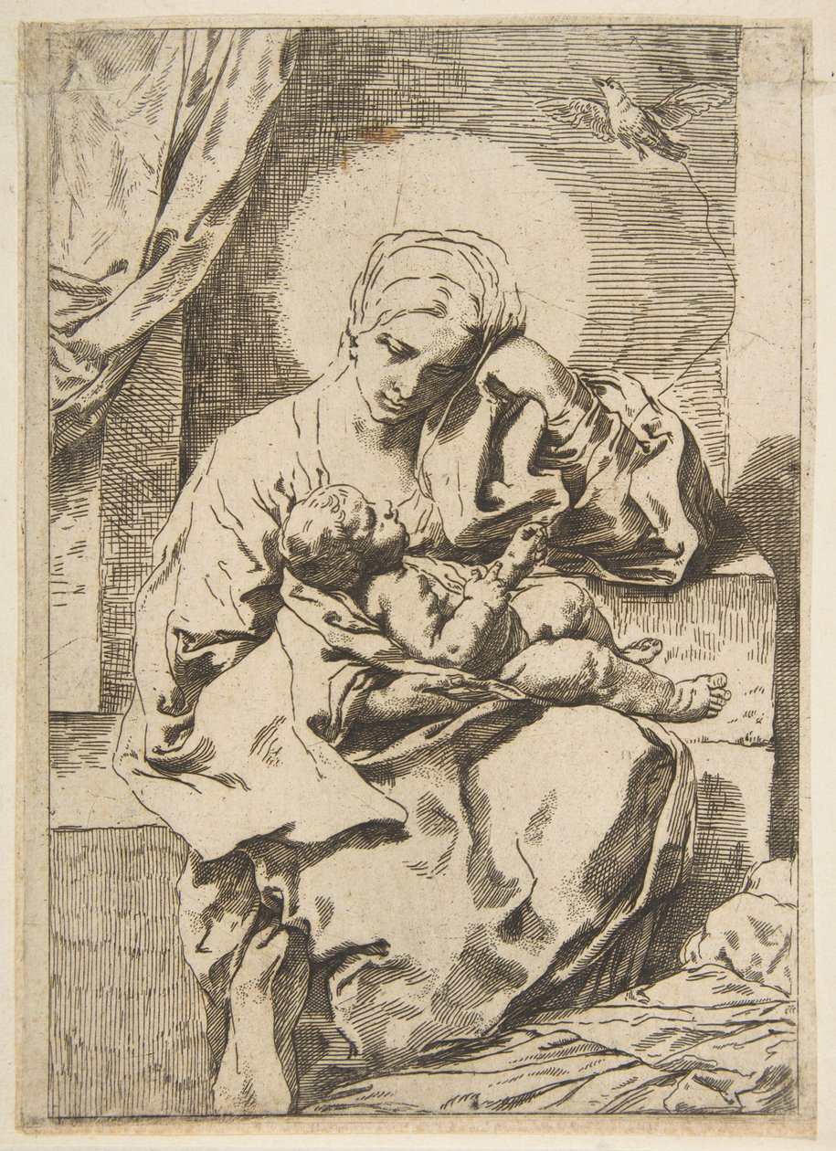 Madonna ja lapsi linnun kanssa, kopio käänteisesti Cantarinin jälkeen, n. 1635-1636 tai sen jälkeen. tekijältä Unbekannt