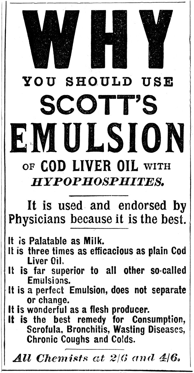 Aikakauslehtimainos Scotts Emulsion of Cod Liver Oilista, 1890 tekijältä Unbekannt