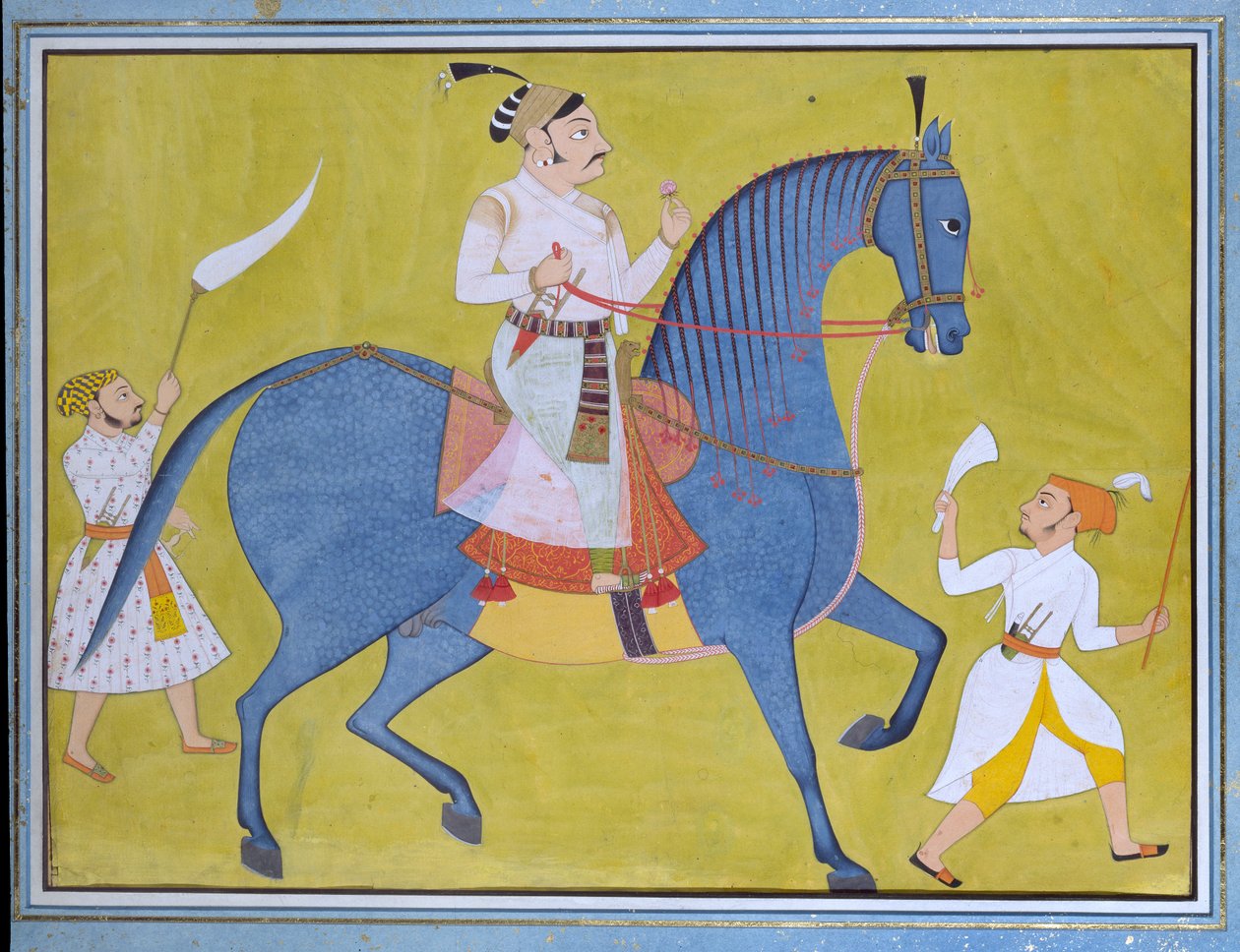 Maharaja Pratap Singh of Sawar ratsastaa kahden kävellen hoitajan kanssa, c1700 tekijältä Unbekannt