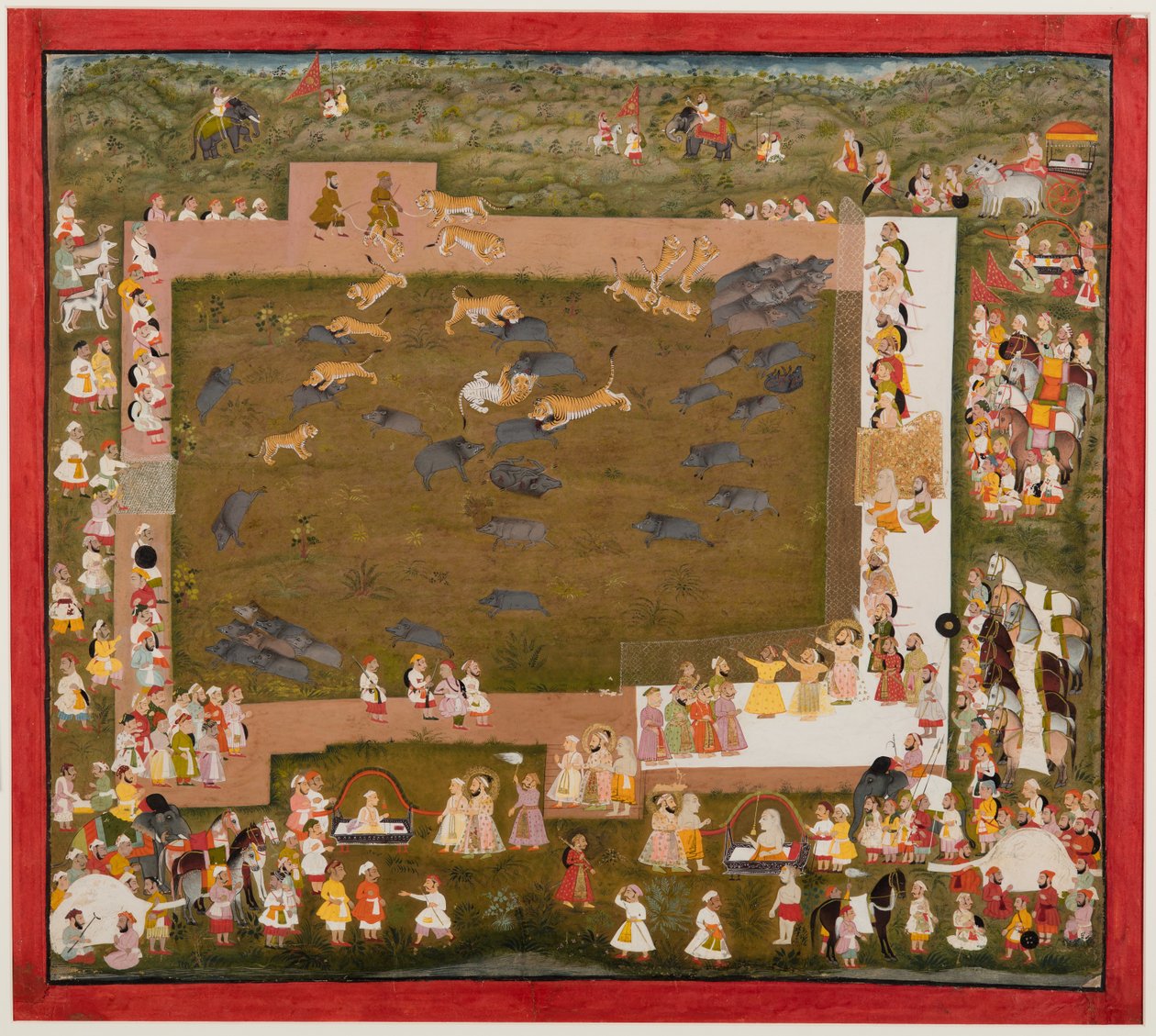 Maharaja Sangram Singh ja hänen hovinsa tarkkailevat tiikerien ja villisian välistä taistelua Sadrissa, n. 1720. tekijältä Unbekannt