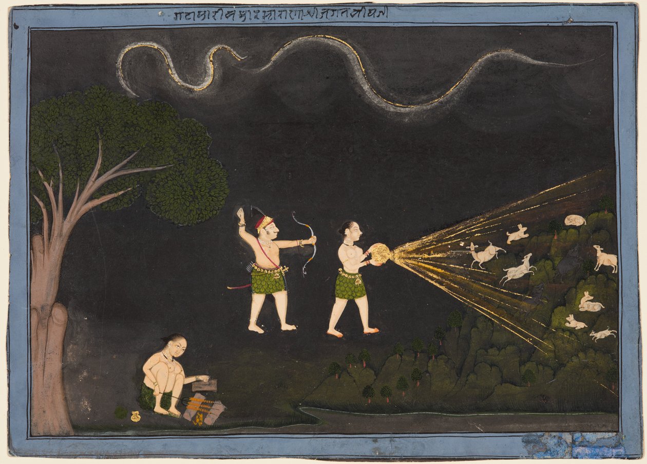 Maharana Jagat Singh pukeutunut Bhiliksi, metsästää peuroja yöllä, n. 1735-40. tekijältä Unbekannt