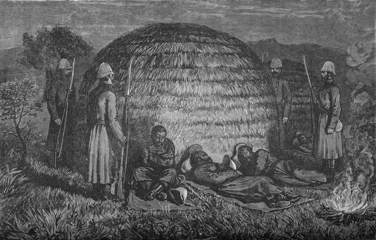 Majuri Marter ja hänen miehensä vartioivat Cetewayoa alkuperäisessä Kraalissa, vuodelta 1880 tekijältä Unbekannt