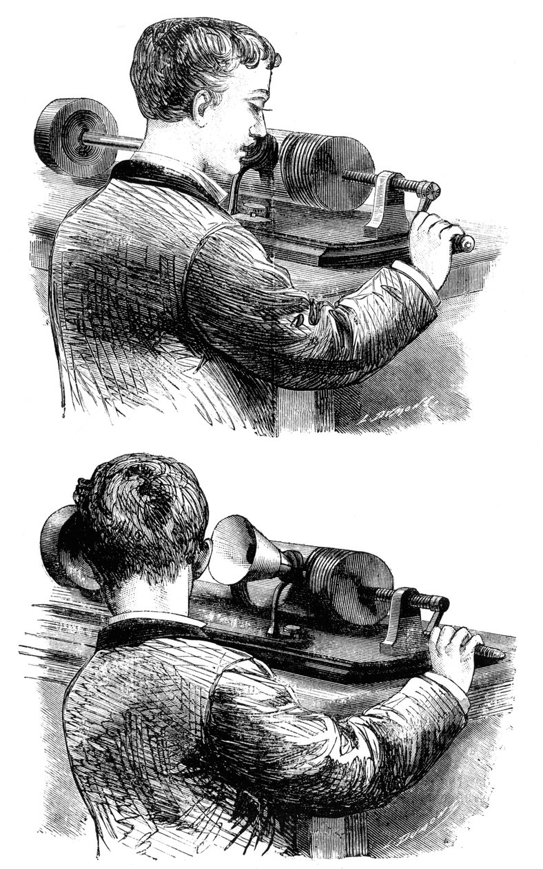 Nauhoituksen tekeminen ja kuuntelu ensimmäisellä Edison Phonographilla, 1878 tekijältä Unbekannt