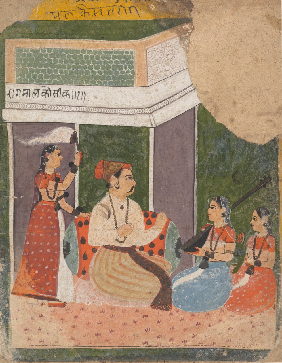 Malkos Raga: Sivu hajallaan olevasta Ragamala-sarjasta Musiikkimuotojen seppele, n. 1640-50. tekijältä Unbekannt
