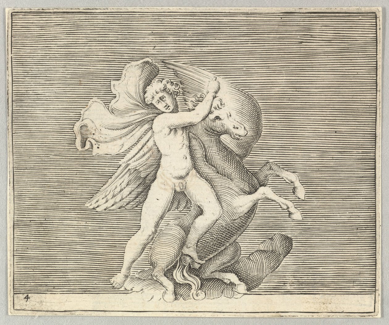 Man Grappling with Winged Horse, julkaistu n. 1599-1622. tekijältä Unbekannt