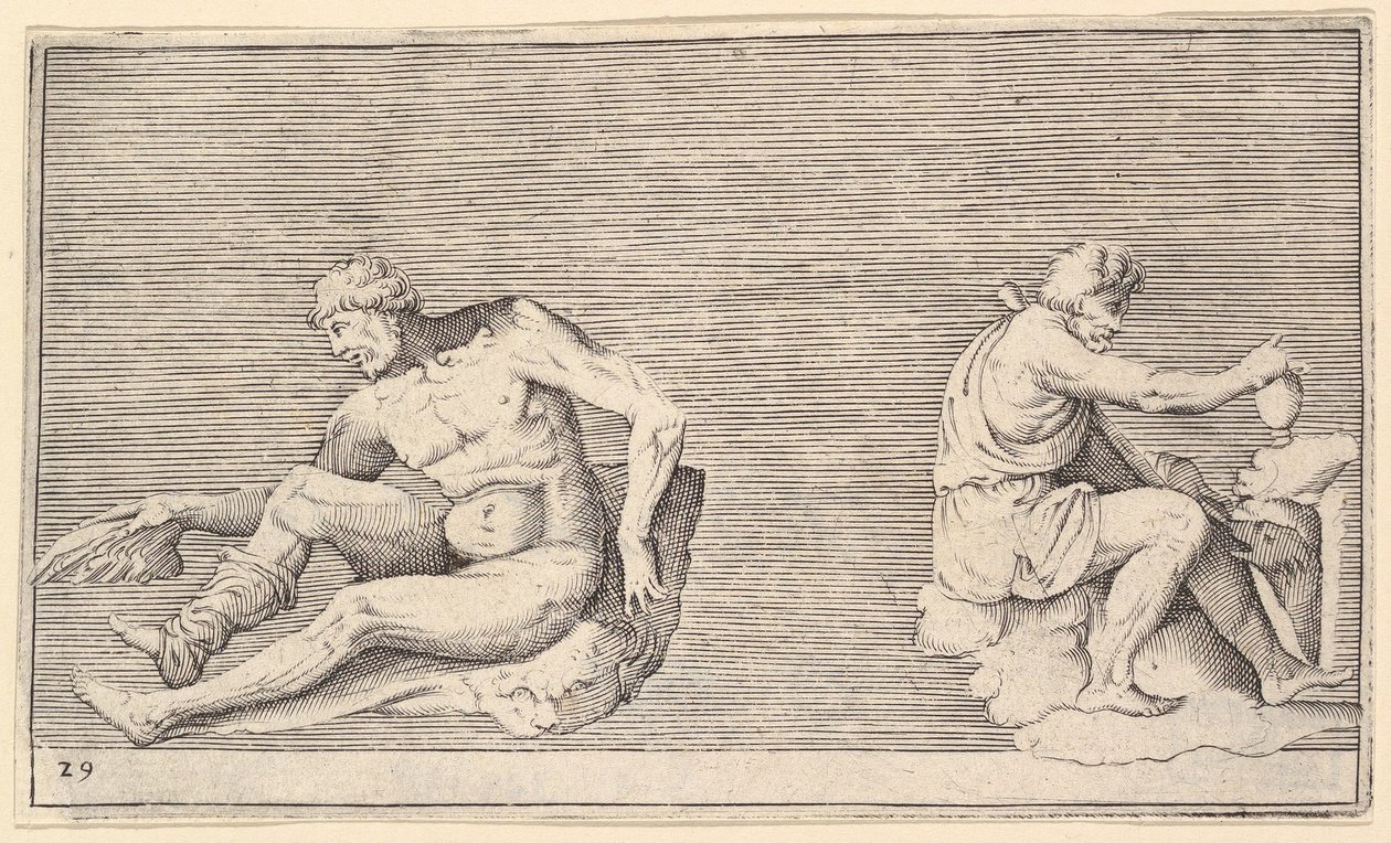 Mies siivellä, Mies maljakolla ja koiralla, julkaistu n. 1599-1622. tekijältä Unbekannt