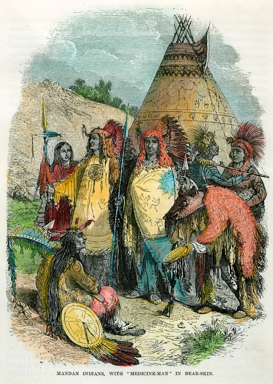 Mandanin intiaanit, lääkemiehen kanssa karhun ihossa, vuodelta 1875 tekijältä Unbekannt