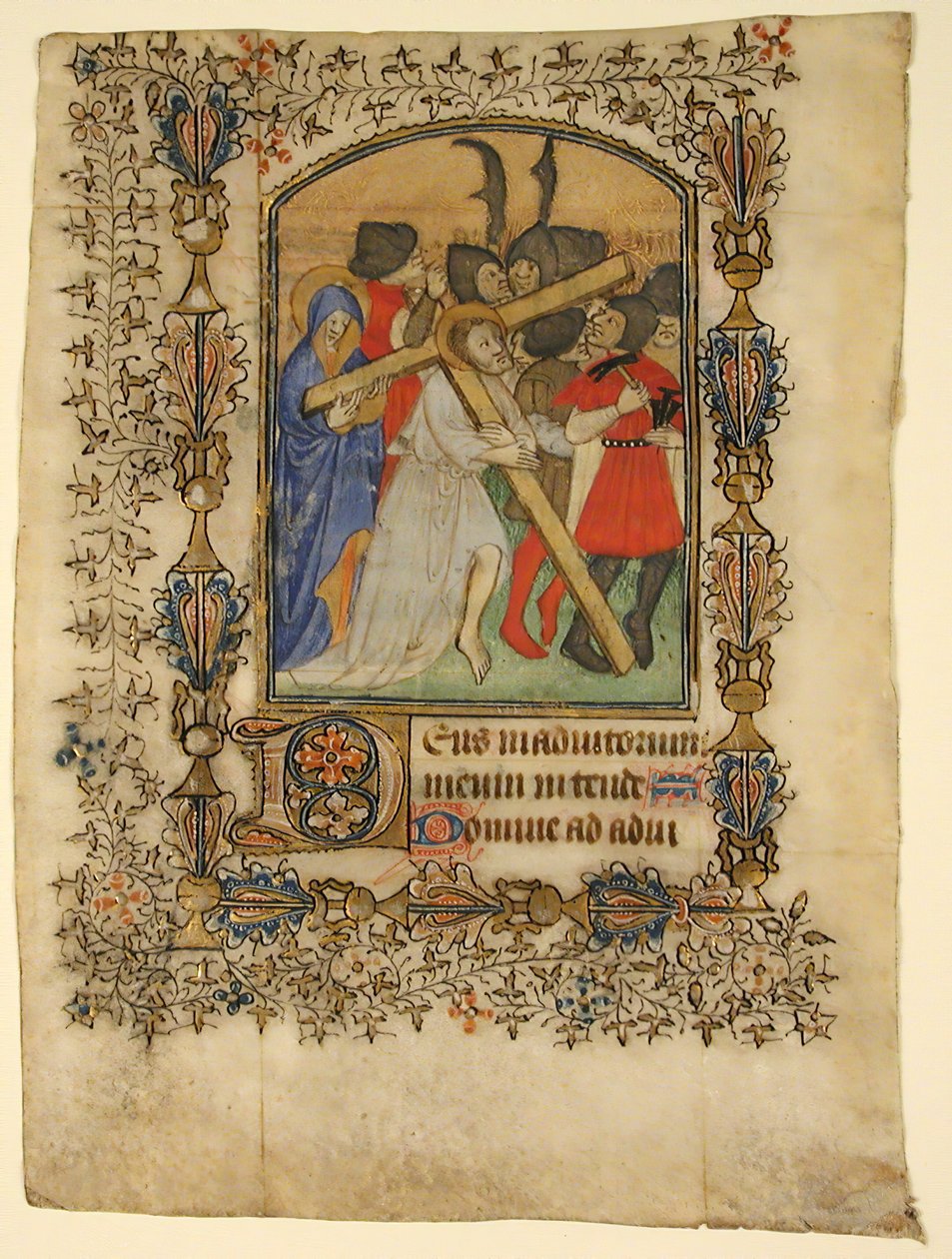 Käsikirjoitus lehti tuntikirjasta... Valaistu alkukirjain D ja Kristus kantaa ristiä, 1390-140 tekijältä Unbekannt