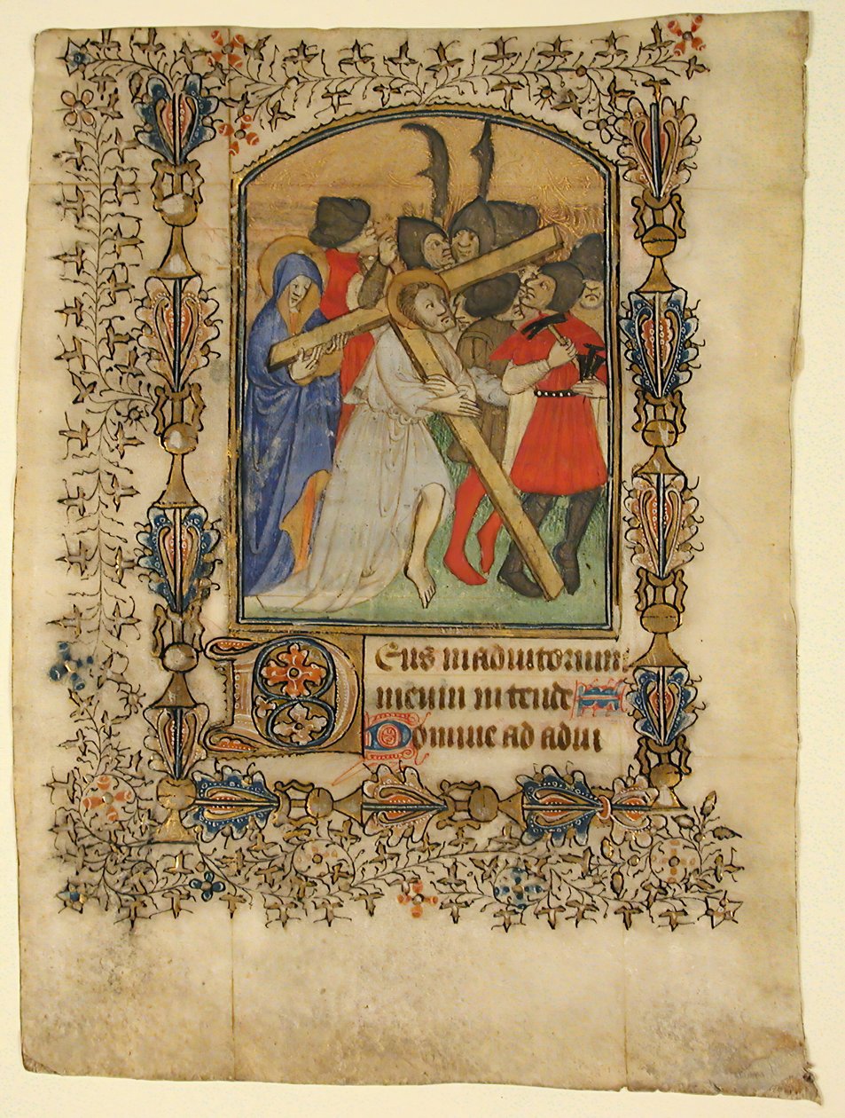 Käsikirjoituslehti tuntikirjasta, jossa näkyy valaistu alkukirjain D ja Kristus..., 1390-1400. tekijältä Unbekannt