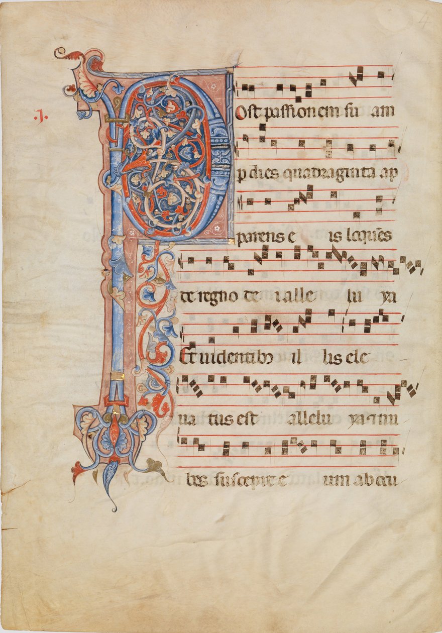Käsikirjoituslehti folioituneella alkukirjaimella P, antifonaarista, n. 1250-60. tekijältä Unbekannt