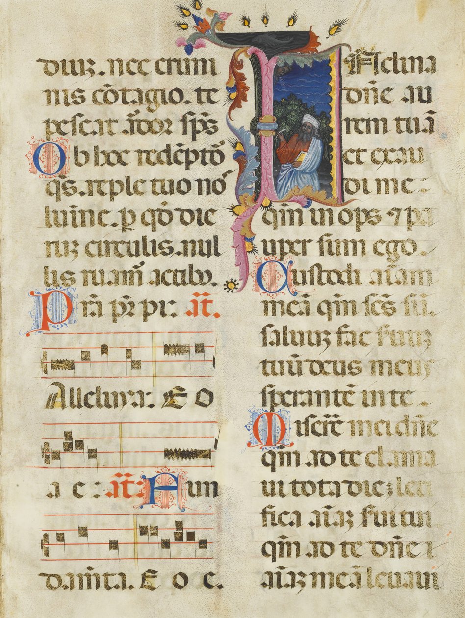 Käsikirjoitus lehti kuningas Daavidin kanssa alkukirjaimessa I, psalterista, 1400-luvun alku. tekijältä Unbekannt