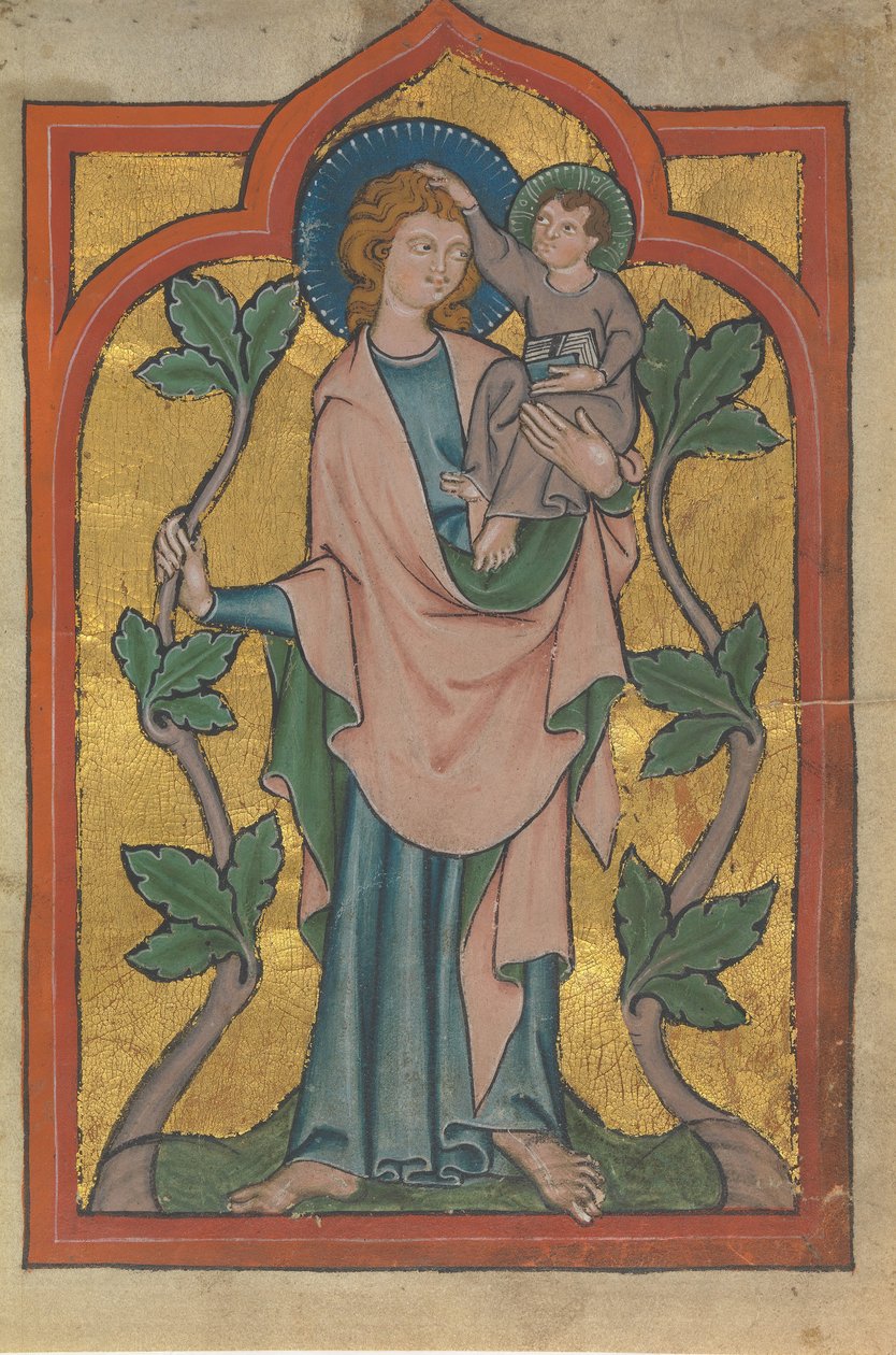 Fulla manuscrita amb Sant Cristòfol portant Crist, alemany o suís, principis del segle XIV. finlandès tekijältä Unbekannt