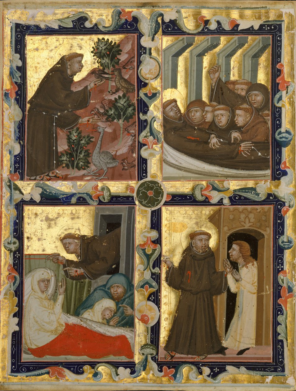 Käsikirjoituslehti, jossa kohtauksia Pyhän Franciscus Assisilaisen elämästä, italia, n. 1320-42. tekijältä Unbekannt