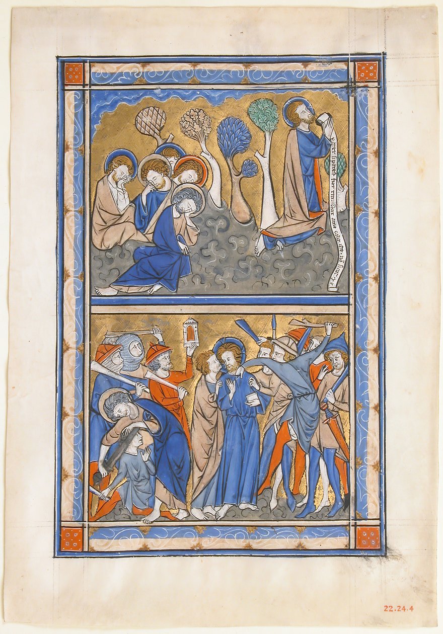 Käsikirjoituslehti puutarhan tuskalla ja Kristuksen pettäminen, kuninkaallisesta psalterista, n. 1270. tekijältä Unbekannt