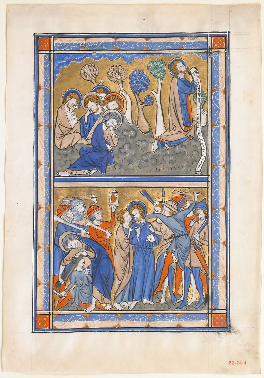 Käsikirjoituslehti puutarhan tuskalla ja Kristuksen pettäminen, kuninkaallisesta psalterista, n. 1270. tekijältä Unbekannt