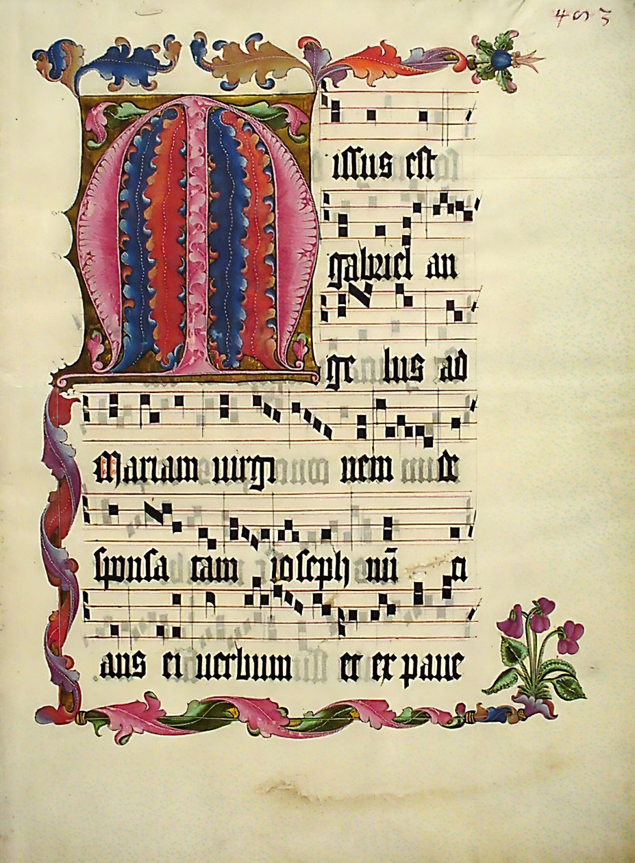 Käsikirjoituslehti alkukirjaimella M, antifonaarista, saksa, n. 1425-50. tekijältä Unbekannt