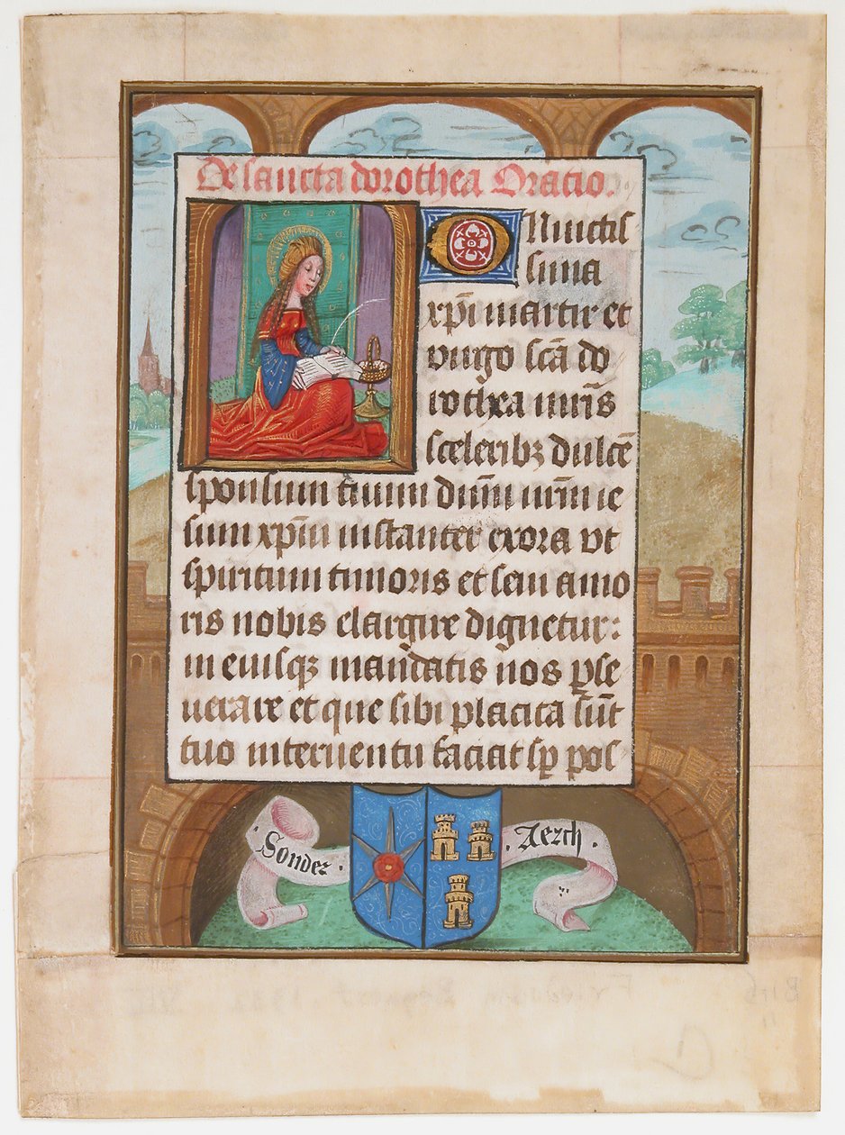 Käsikirjoitus Leaf Saint Dorothyn kanssa, Tuntien kirjasta, n. 1500. tekijältä Unbekannt