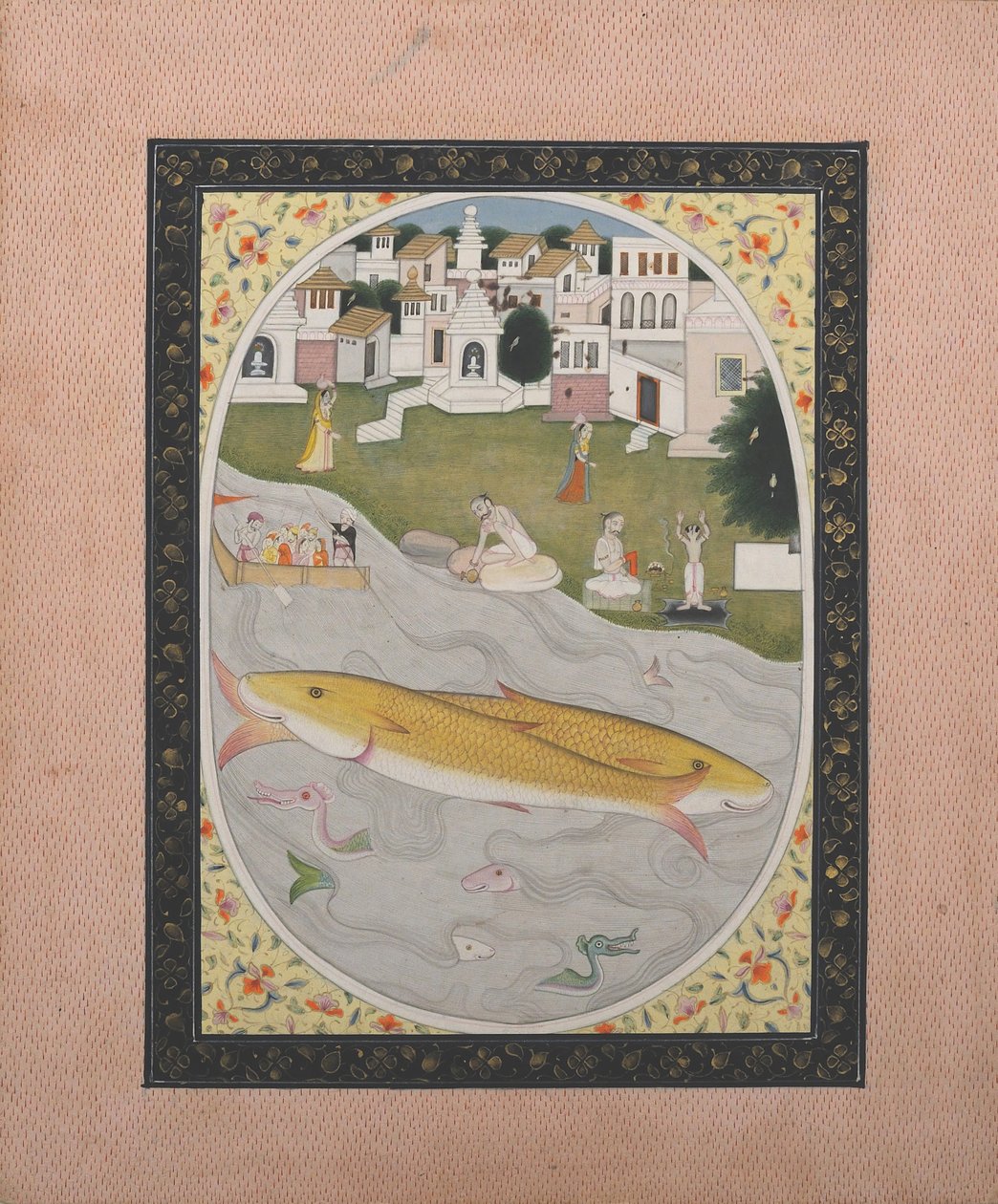 Käsikirjoitusmaalaus hindutantrisella kohtauksella, joka kuvaa kahta kalaa, 1800-1820. tekijältä Unbekannt