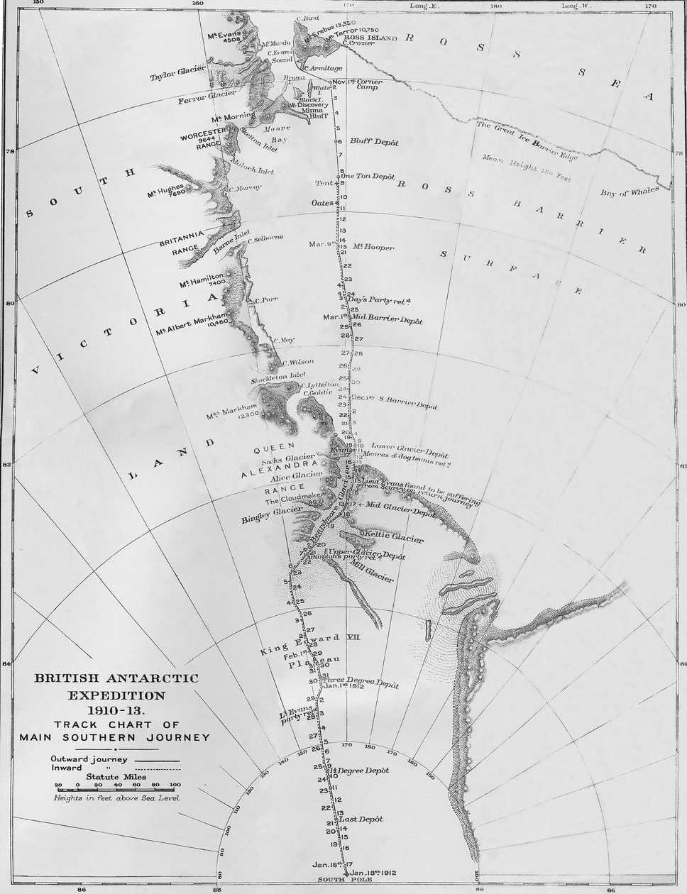 Kartta - Brittiläinen Etelämanner-retkikunta 1910-13. Eteläisen päämatkan jälkikaavio, 1913 tekijältä Unbekannt