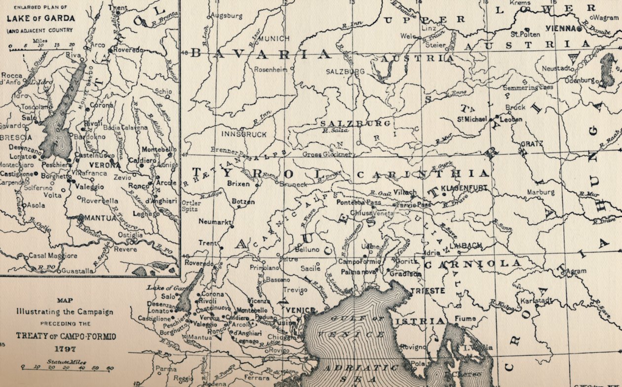 Kartta, joka havainnollistaa Campo-Formion sopimusta edeltävää kampanjaa, 1797, 1896 tekijältä Unbekannt