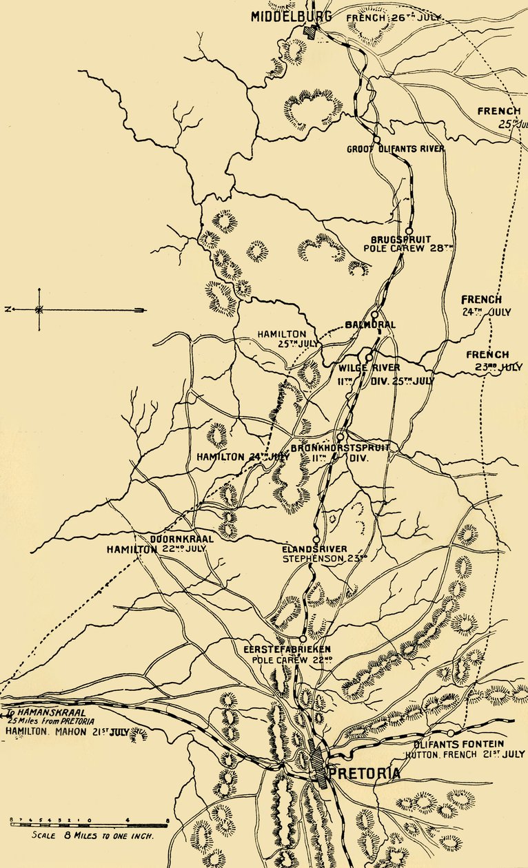 Kartta, joka havainnollistaa siirtymistä itään Eerstefabriekenista Middelburgiin, 1901. tekijältä Unbekannt