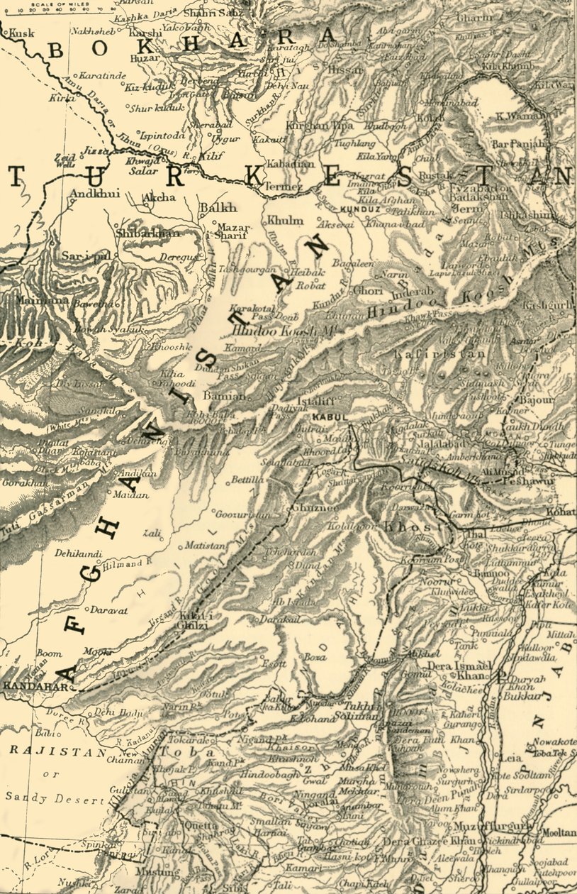 Kartta, joka osoittaa kenraali Robertssin reitin Kabuliin... sekä Britannian ja Venäjän rajat, 1901. tekijältä Unbekannt
