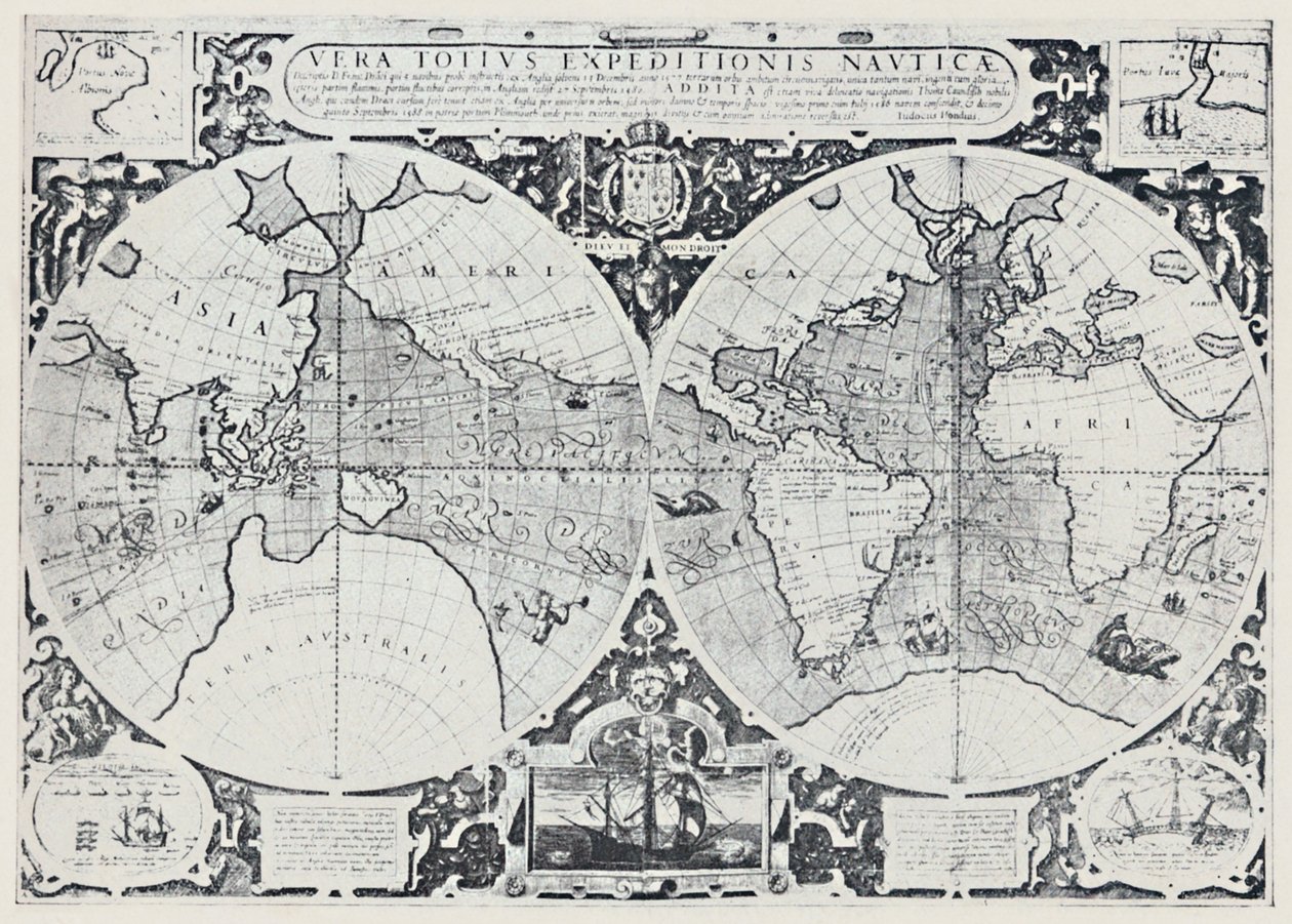 Kartta, jossa näkyy Drakesin kiertomatka 1577-1580, 1923. tekijältä Unbekannt