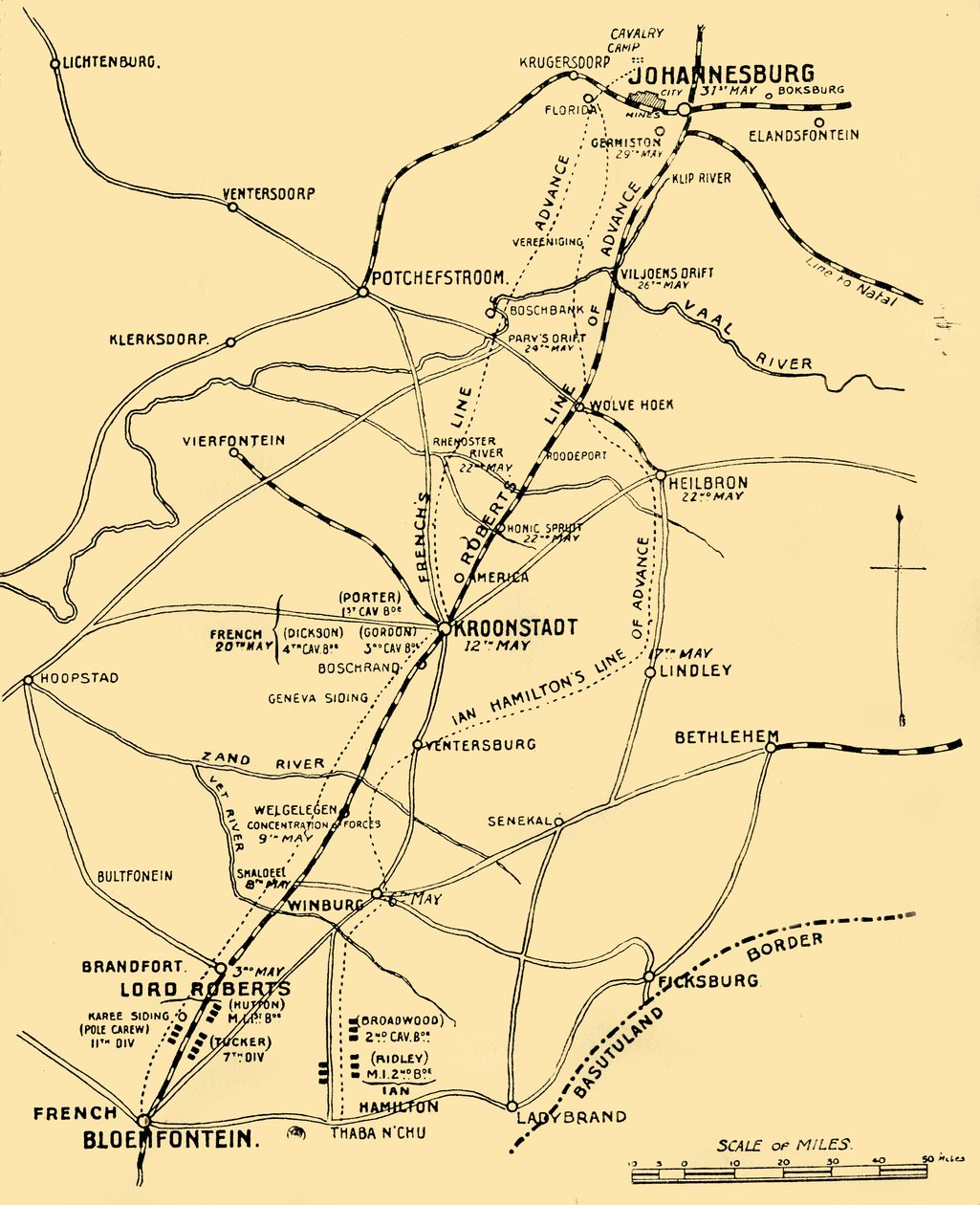 Kartta, joka näyttää etenemislinjat Bloemfonteinista Pretoriaan, 1901. tekijältä Unbekannt