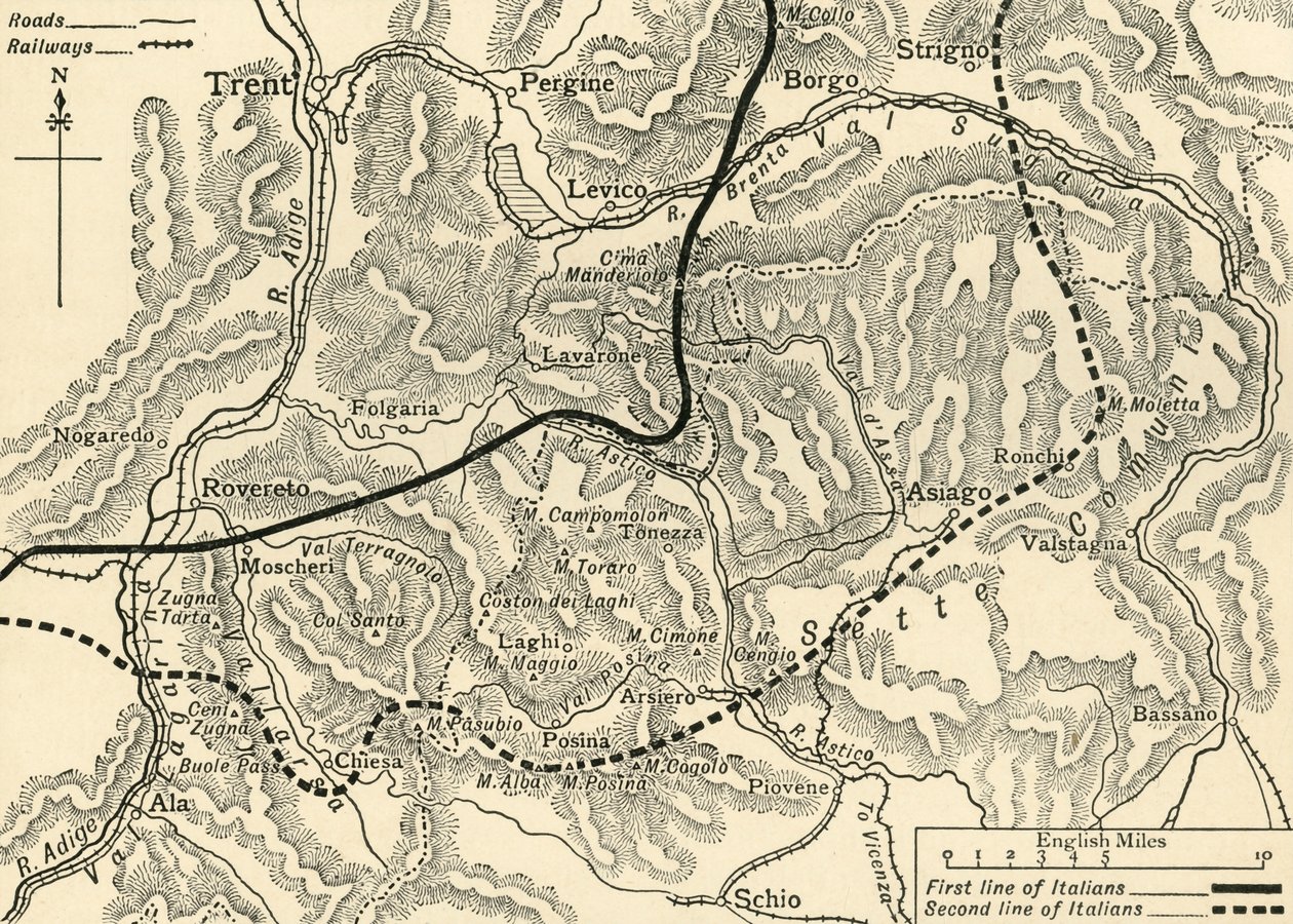 "Kartta, joka havainnollistaa Itävallan hyökkäystä Trentinossa toukokuussa 1916", n. 1920. tekijältä Unbekannt