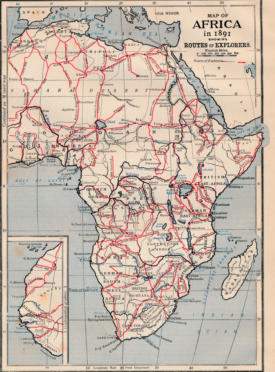 Afrikan kartta vuonna 1891, joka näyttää tutkimusmatkailijoiden reitit tekijältä Unbekannt