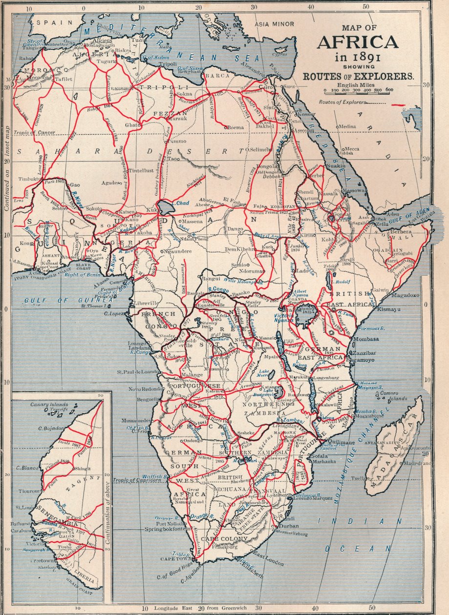 Afrikan kartta vuonna 1891, joka näyttää tutkimusmatkailijoiden reitit, 1906 tekijältä Unbekannt
