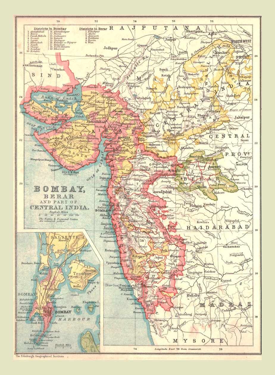Bombayn, Berarin ja osan Keski-Intian kartta, 1902. tekijältä Unbekannt
