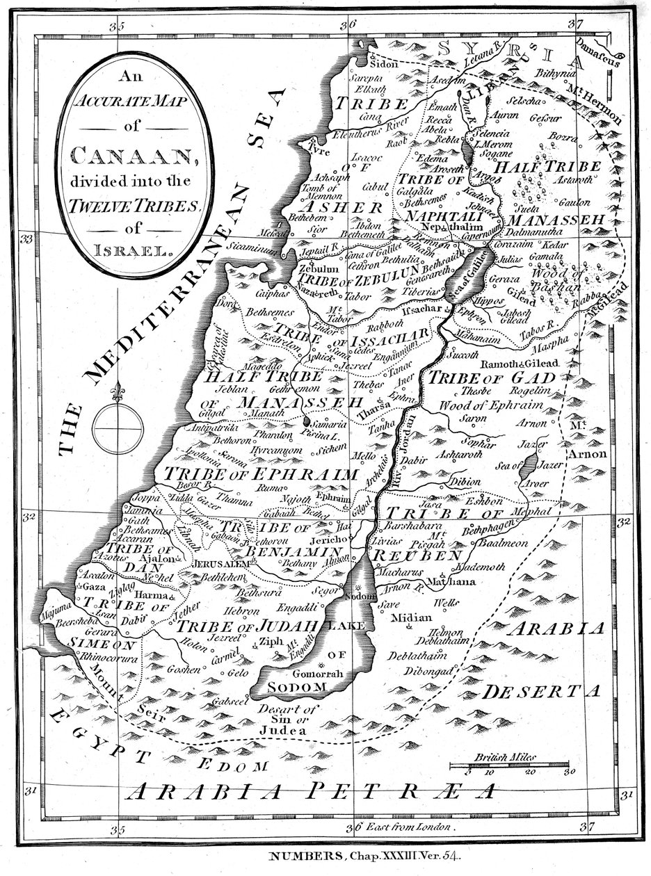 Kanaanin kartta jaettuna Israelin kahdelletoista heimolle, v. 1830 tekijältä Unbekannt