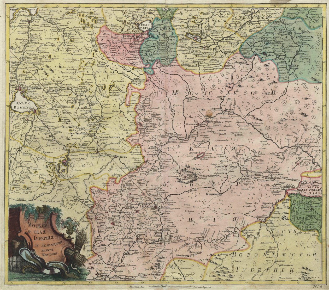 Moskovan kuvernöörin ja lähimpien provinssien osien kartta, 1745 tekijältä Unbekannt