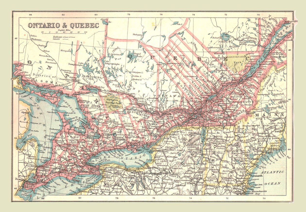 Ontarion ja Quebecin kartta, 1902. tekijältä Unbekannt