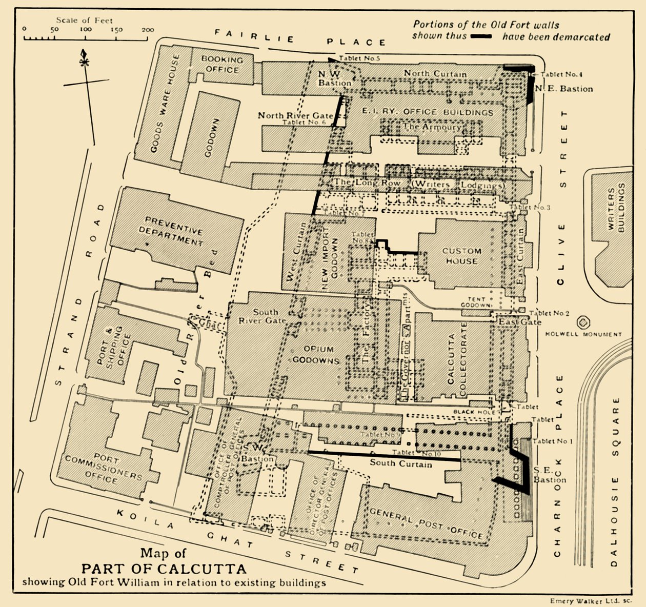 Kalkutan osan kartta, jossa näkyy vanha Fort William suhteessa olemassa oleviin rakennuksiin, 1925. tekijältä Unbekannt