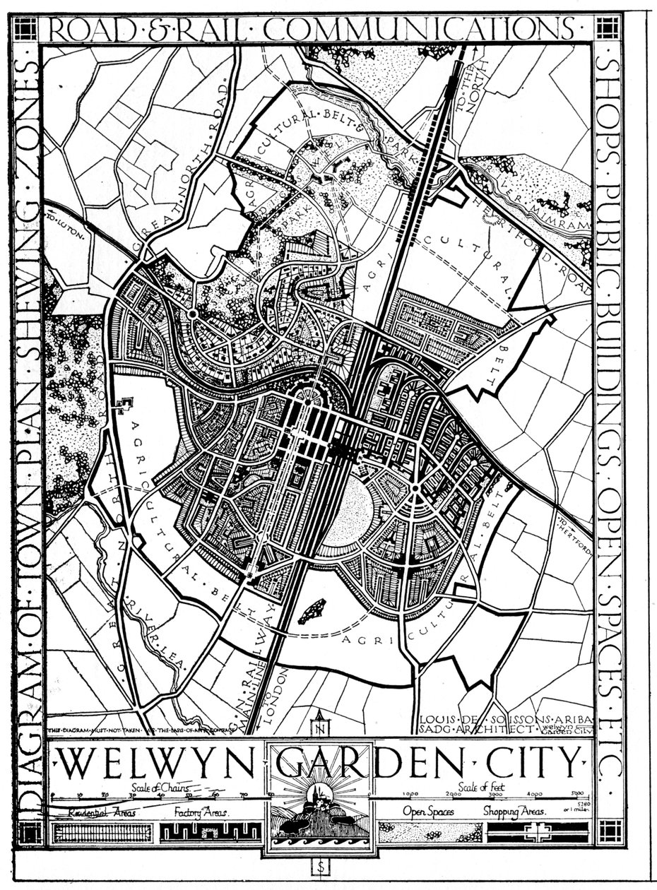 Kartta Welwyn Garden Citystä, Hertfordshire, Englanti, 1926 tekijältä Unbekannt