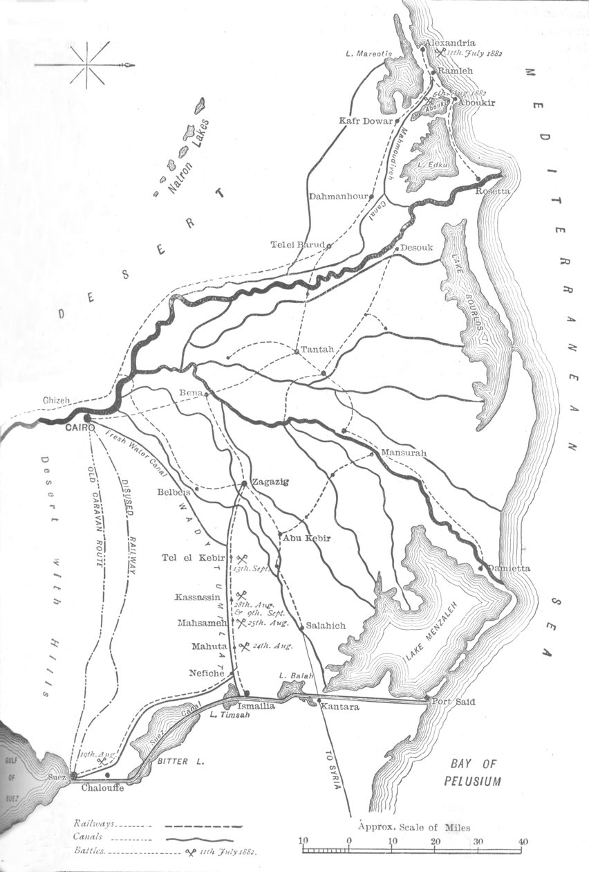 Niilin suiston kartta, Egyptin kampanjan strategiset pisteet, 1882, c1882-85 tekijältä Unbekannt