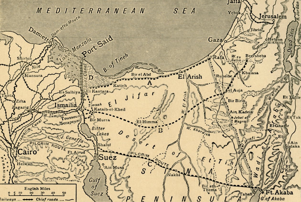 Kartta Turkin hyökkäyksestä Suezin kanavalle, Egypti, ensimmäinen maailmansota, 1915, c1920. tekijältä Unbekannt