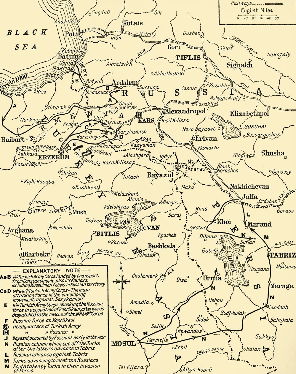 Kartta Venäjän ja Turkin välisestä rajasta, ensimmäinen maailmansota, 1920. tekijältä Unbekannt
