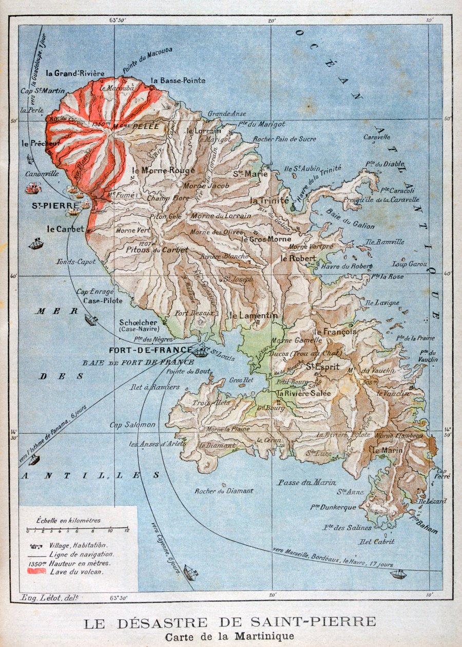 Kartta, joka näyttää Mount Peleen purkauksen, Martinique, 1902 tekijältä Unbekannt