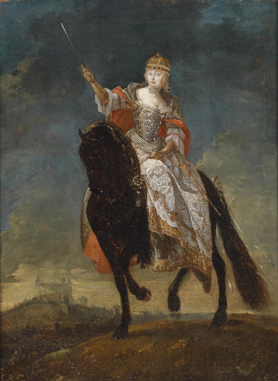Maria Theresia Unkarin kuningattarena Pressburgin kruunukukkulalla, 1700-luvun puolivälissä. tekijältä Unbekannt