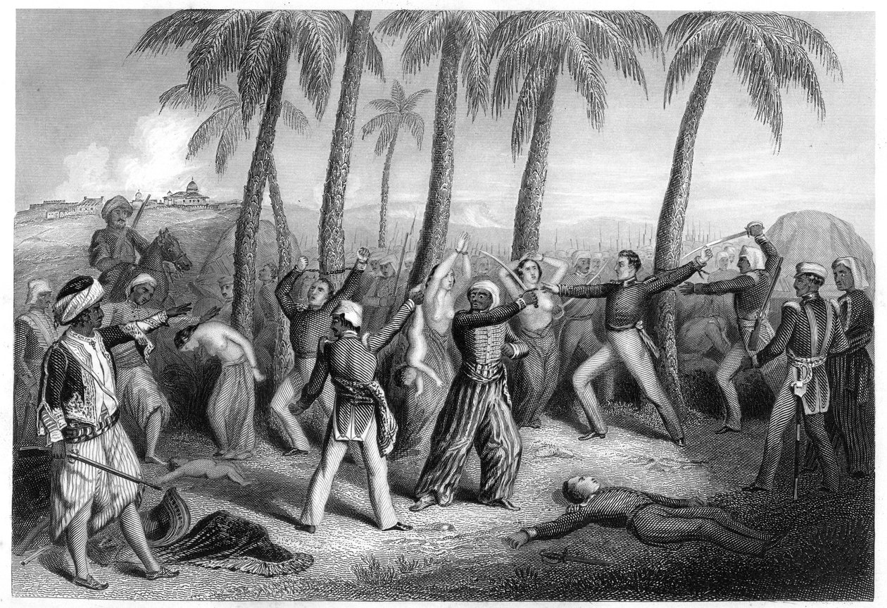 Englantilaisten upseerien ja heidän vaimojensa verilöyly Jhansissa, 1857, n. 1860 tekijältä Unbekannt