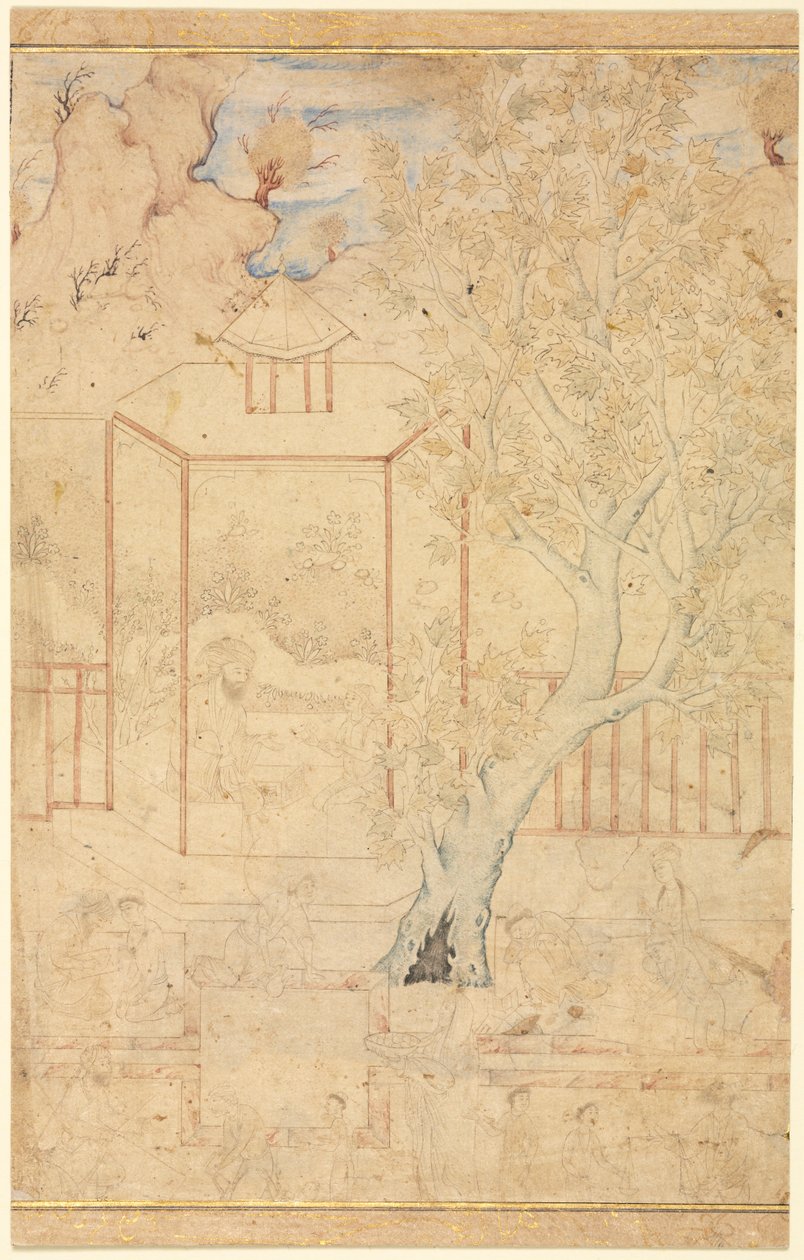 Mestari ja opetuslapsi puutarhapaviljongissa, yhden sivun kuvitus, n. 1570-1590 luvulla. tekijältä Unbekannt