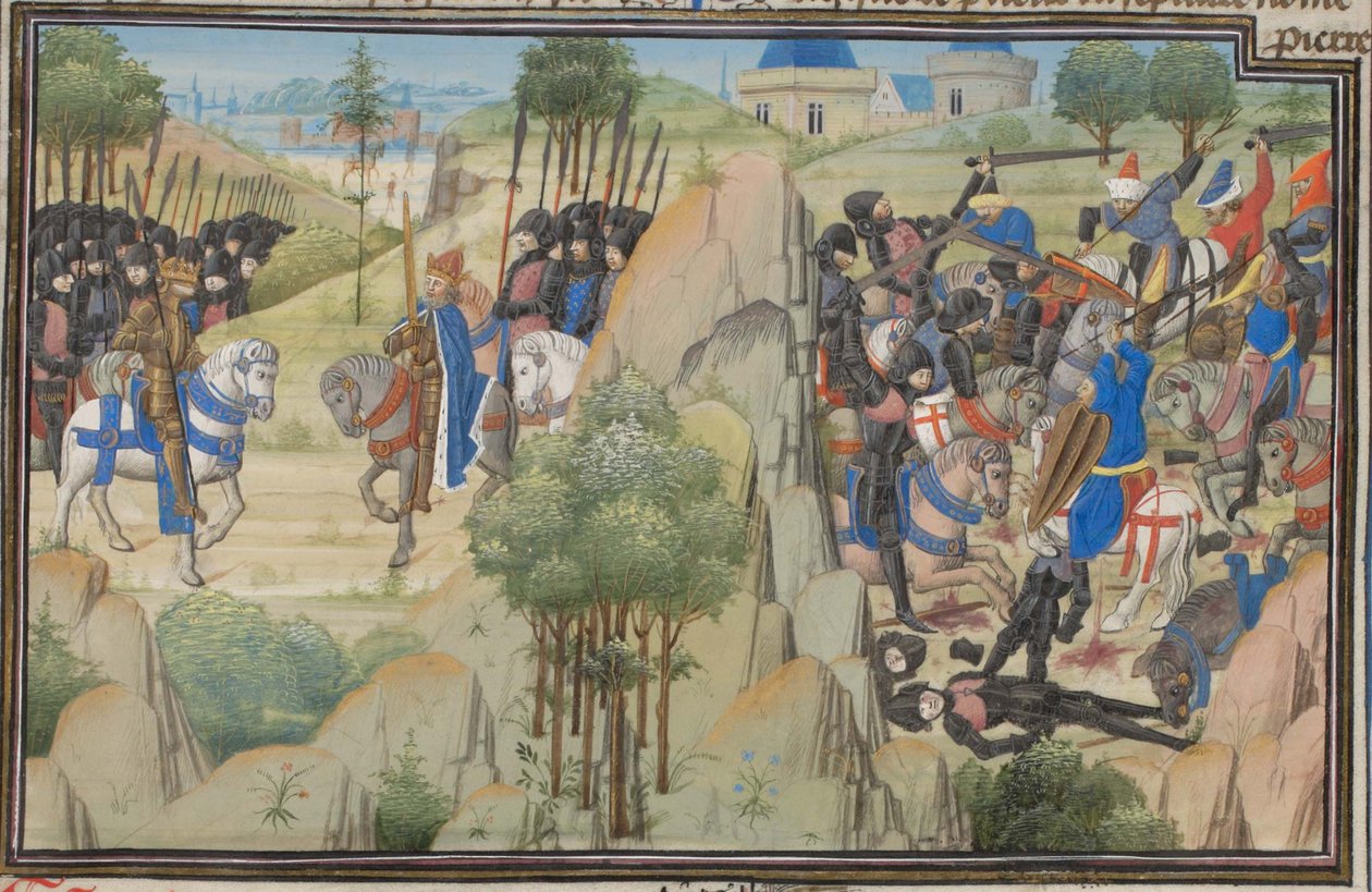 Saksalaisen Conrad III:n ja Ranskan Ludvig VII:n tapaaminen. Vilhelmin Tyroksen pienoismalli Historiasta, 1460-luku tekijältä Unbekannt