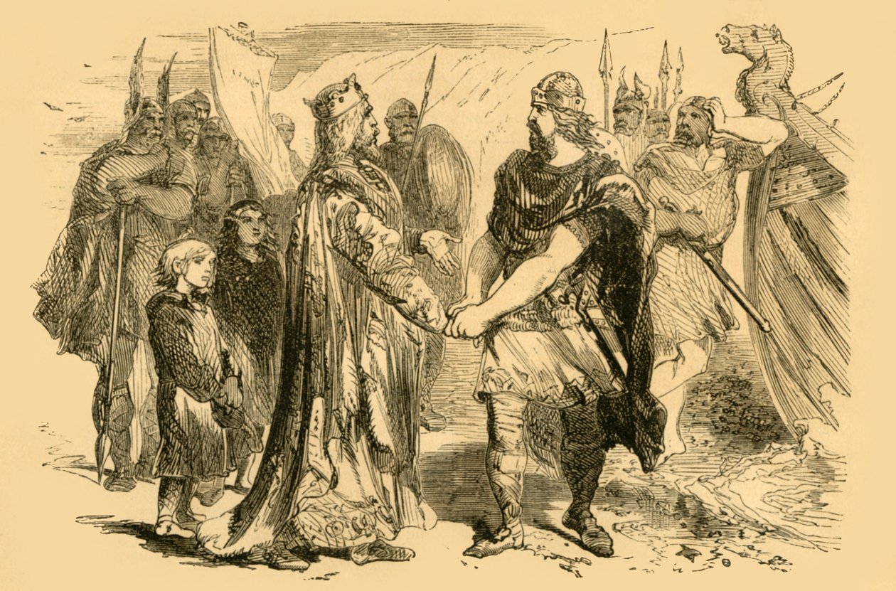 Edmund Ironsiden ja Canuten tapaaminen Alneyn saarella, Severnissä, n. 1890. tekijältä Unbekannt