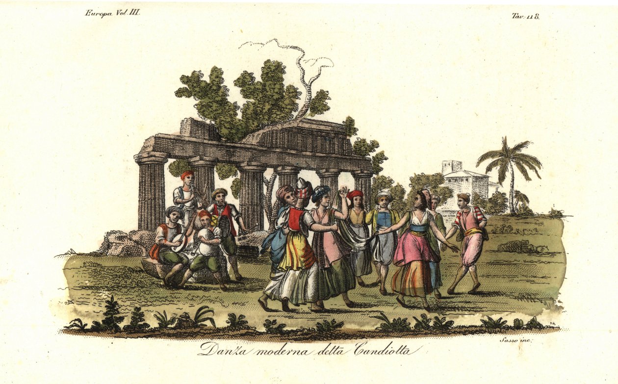 Miehet ja naiset tanssivat modernia Candiota- tai Candiotta-tanssia, joka oli suosittu Kreetan saarella 1700-luvulla tekijältä Unbekannt