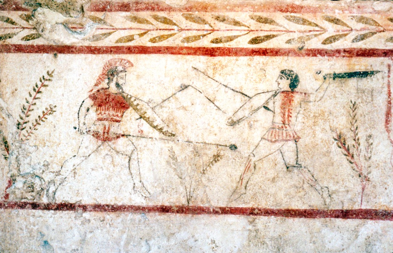 Miehet taistelevat keihäillä, Paestum, 400-luvulla eKr tekijältä Unbekannt