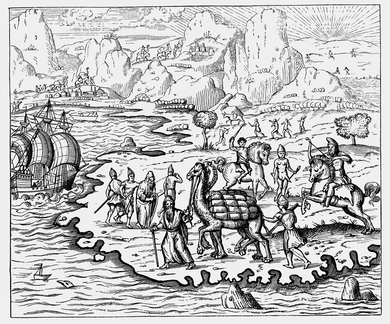 Kauppiaat kuljettavat tavaroita rannikolle ja odottava alus kamelilla, 1575 tekijältä Unbekannt