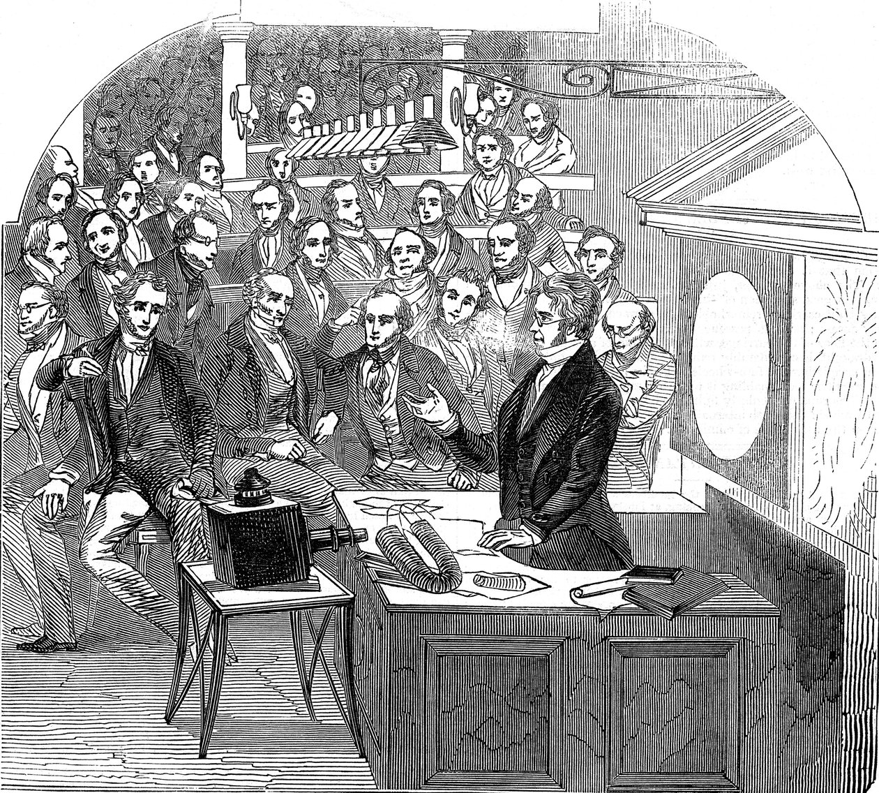 Michael Faraday luennoi sähköstä ja magnetismista, Royal Institution, Lontoo, 1846 tekijältä Unbekannt